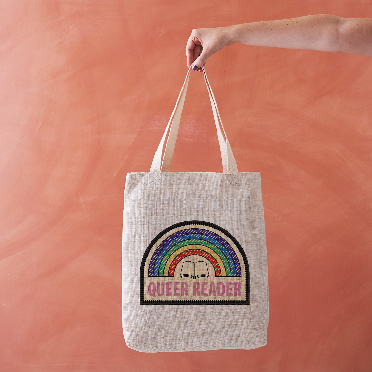 Queer Reader Tote Bag – Rainbow Bookish Merit Patch Design: with Next Chapter Logo